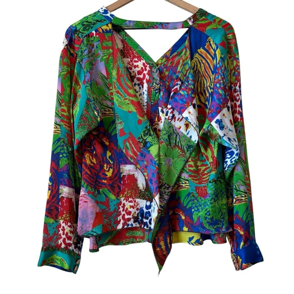 Alberto Makali Colorful Animal Print Patch Blouse Sz M Ruffle Back - Picture 7 of 10